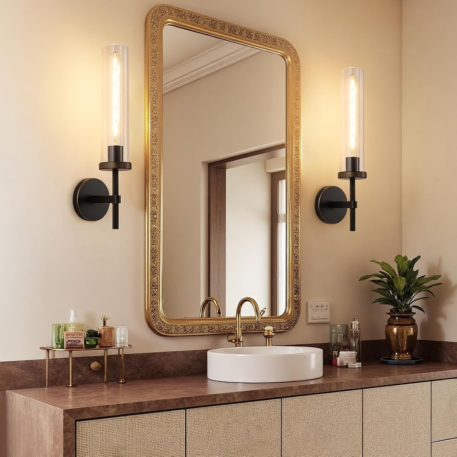 19.5' Knurled Brass Wall Sconce with Clear Glass Tube, Black Gold Bathroom Vanity Light Fixtures, Modern Lamp Lighting for Bedroom, Living Room, Hallway, Staircase, Mirror, Kitchen