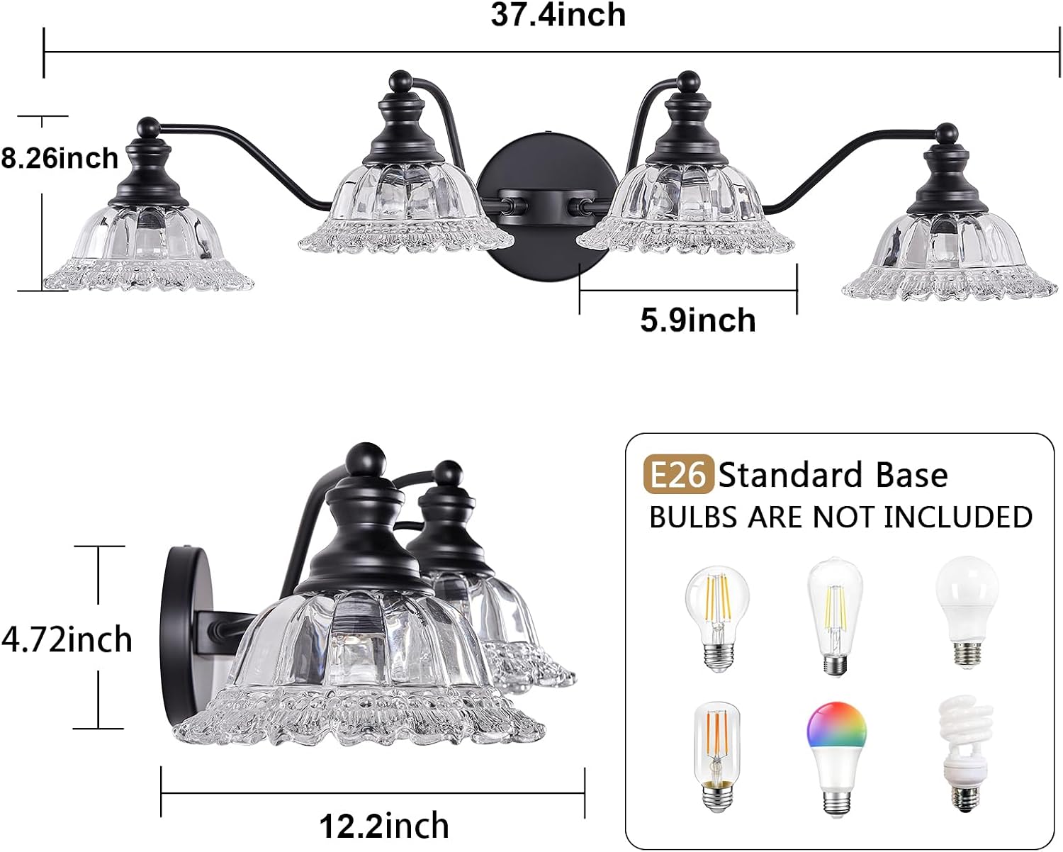 XIEDUN 4 Light Bathroom Vanity Lighting Fixtures Black Vanity Light Fixture Vanity Lights for Bathroom