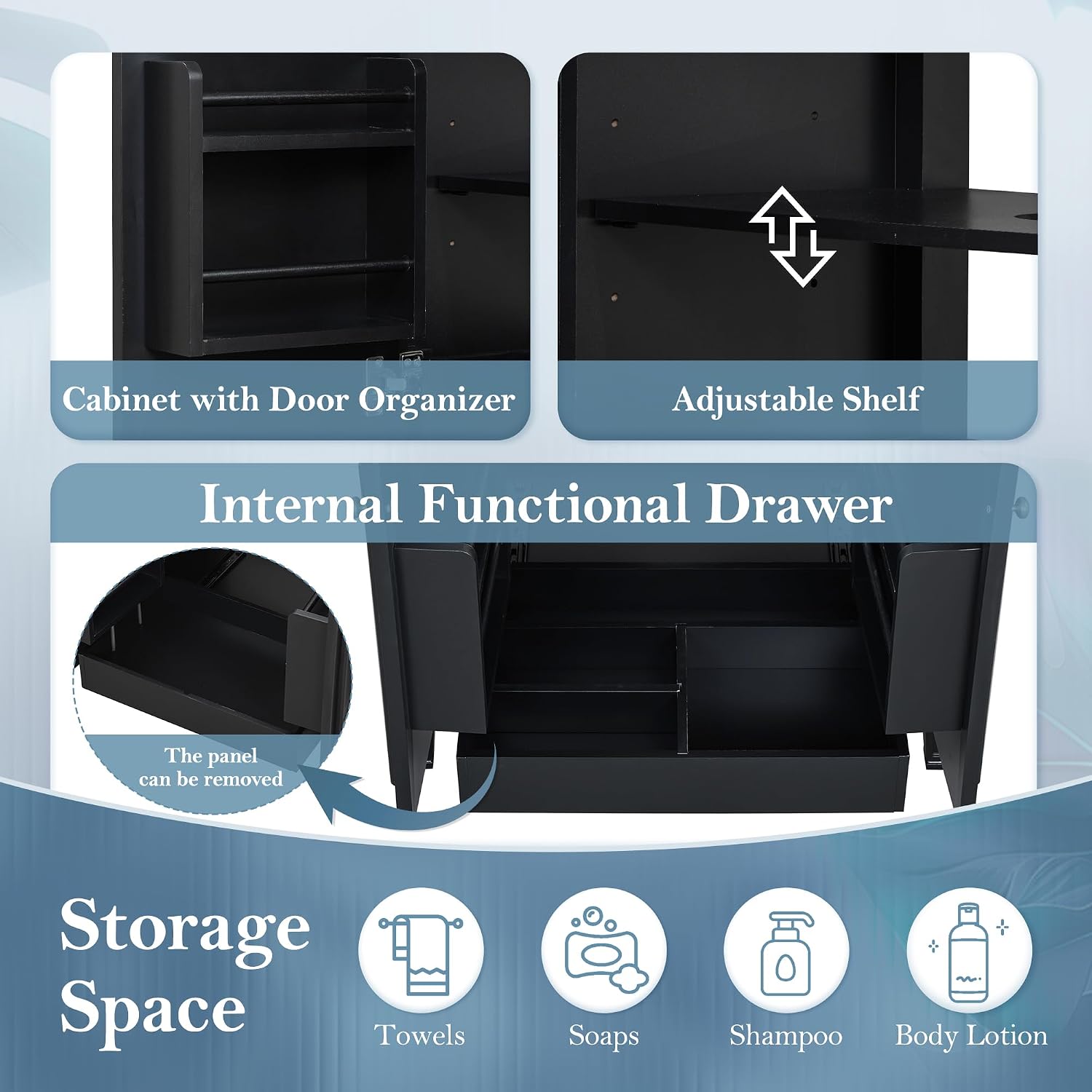 30 Inch Black Bathroom Vanity with Sink,Vintage Bathroom Sink Cabinet 30 Inch,Drop-In with Integrated Countertop,2 Storage Door Organizers & Sliding Tray,Adjustable Shelf,Soft Closing,Solid Wood Frame