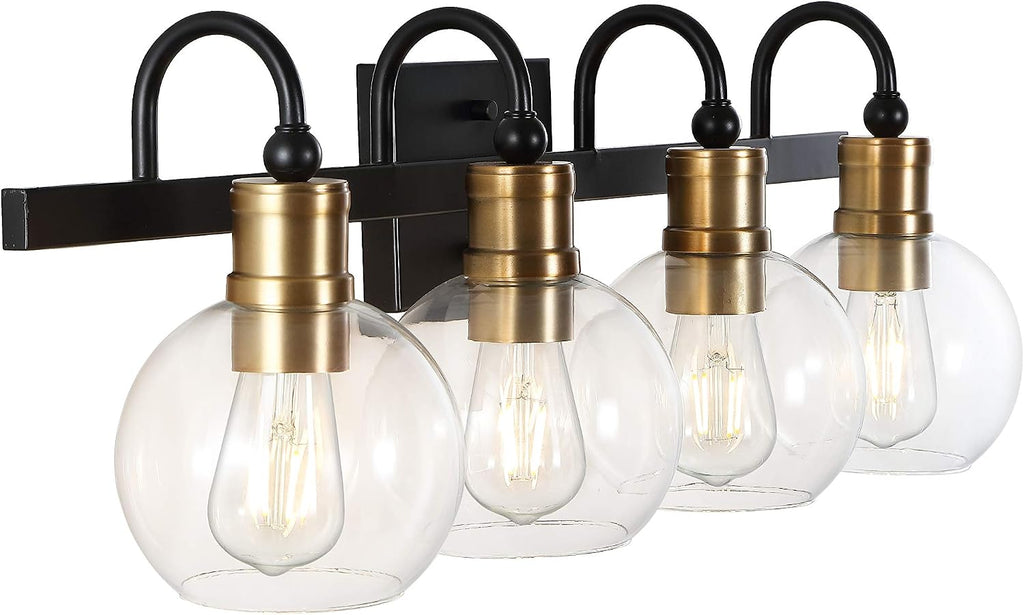 JONATHAN Y 29.75' Black/Brass Gold Vintage Wall Sconce, LED Vanity Light for Bathroom Bedroom Entryway, Clear Glass Globe Shade, Modern Industrial Arched Lamp, LED Bulb Included (JYL3529A)