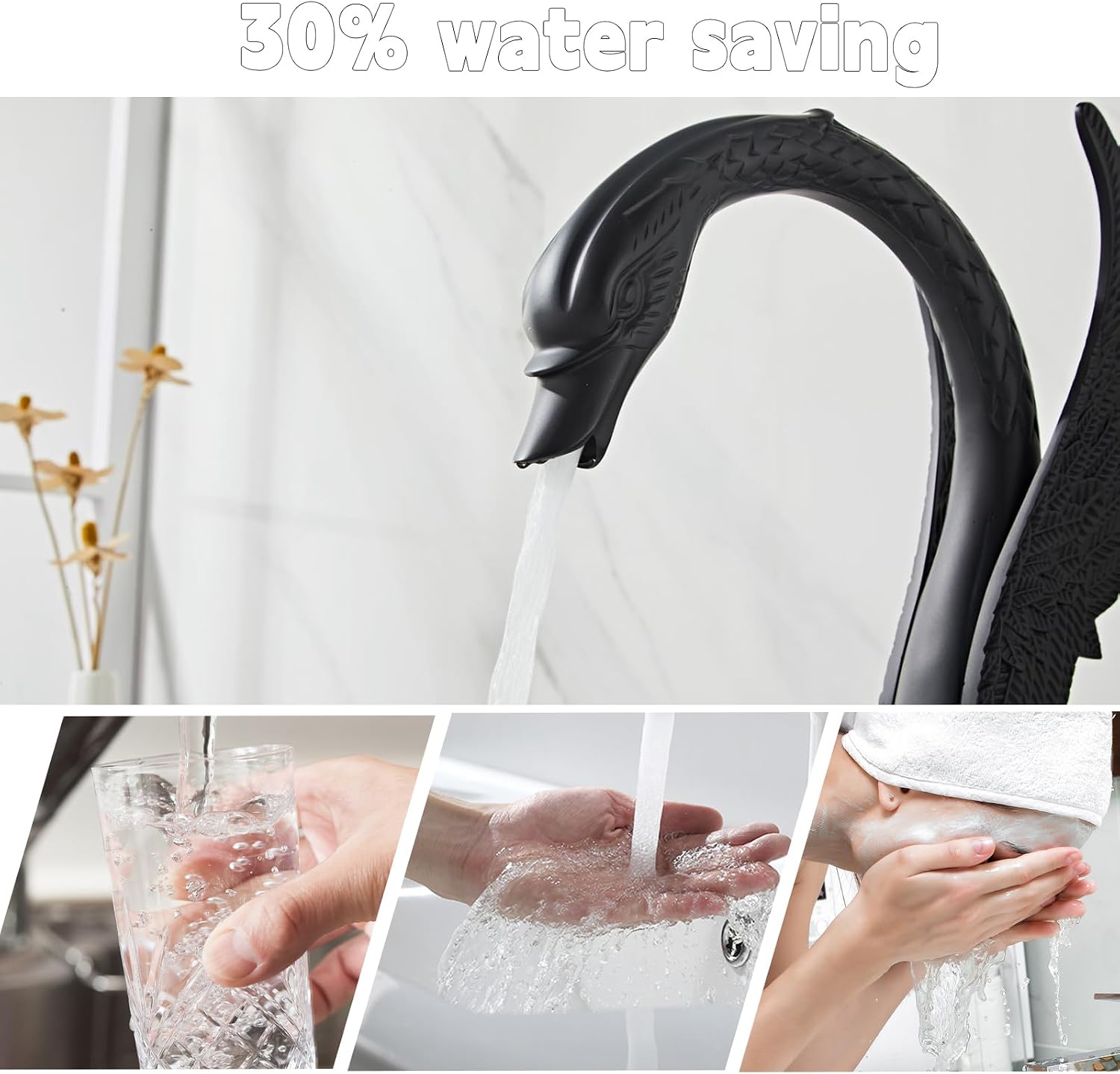 Golden Black Ornate Swan Style Bathroom Sink Faucet Combo Deck Mount Sink Mixer Tap Set Hot Cold Water