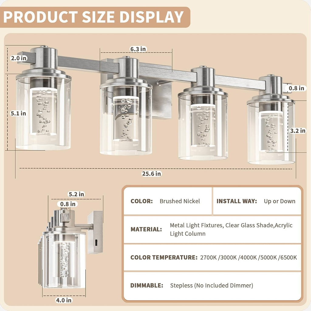 Quntis Brush Nickle Bathroom Lighting Fixtures with 5 Color Mode, 4-Light Dimmable Modern Bathroom Vanity Light Over Mirror, 28 Watt Eye Protection LED Wall Lamp 27 Inch (UL Certified, Bulbs Included)