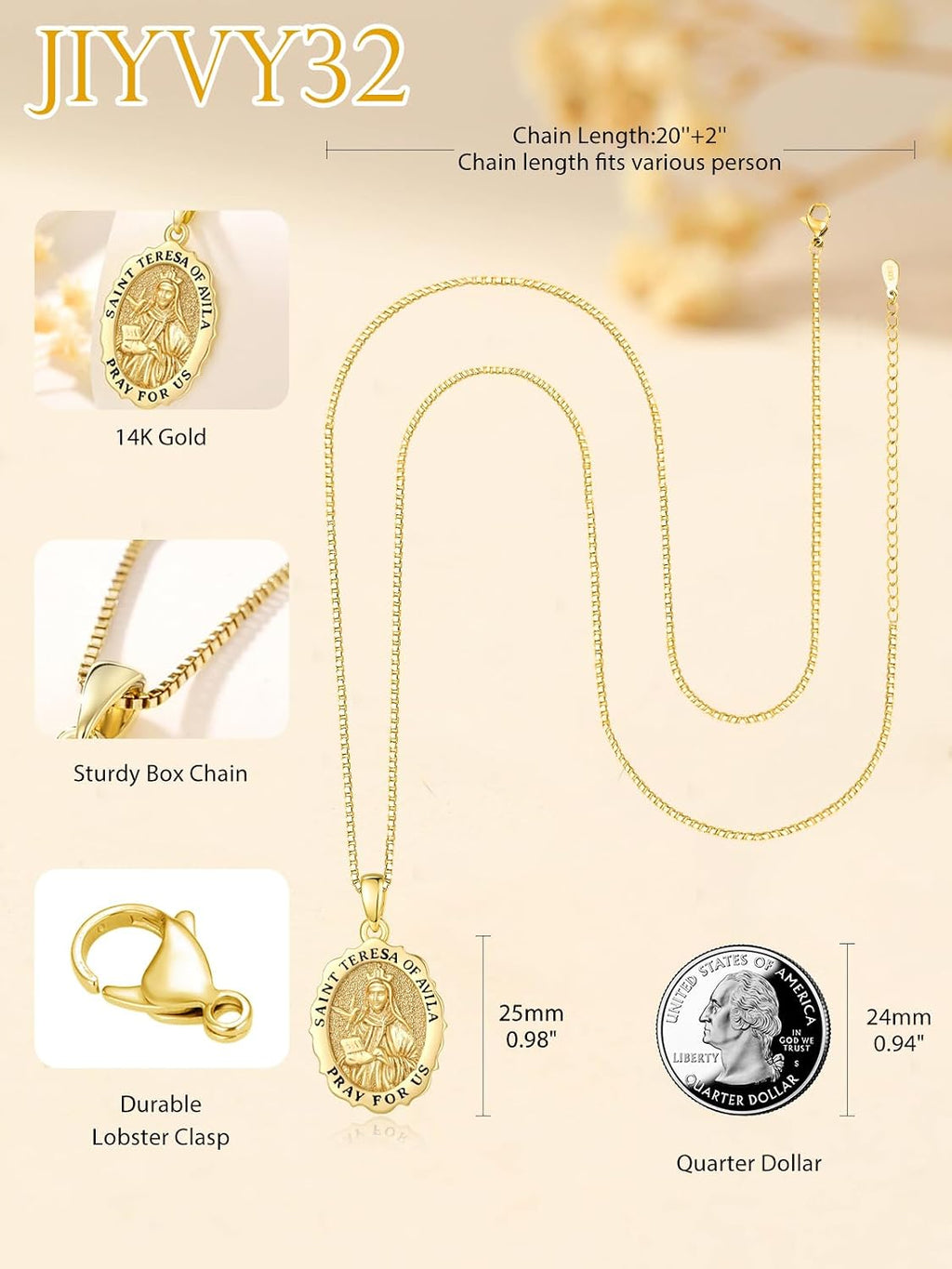 14K Gold Saint Medal Necklace for Women, Catholic Patron Saint Pendant Necklace, Christian Religious Jewelry Gift for Confirmation Baptism Communion Christmas Birthday