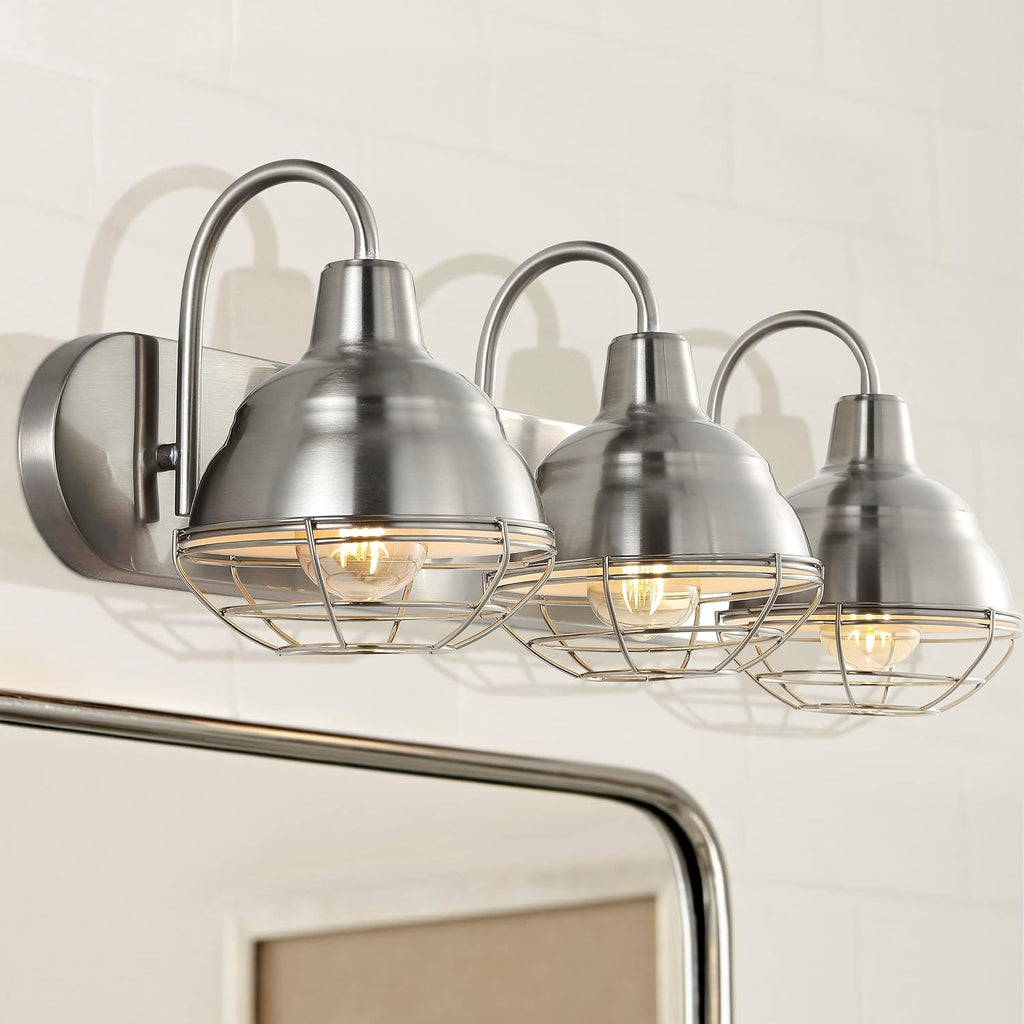 JONATHAN Y 24.5' Nickel 3-Light Industrial Farmhouse Vanity Light for Bathroom Mirror, Rustic Metal Wall Sconce Fixture, Iron Caged Shade, LED Bulbs Included (JYL1120B)