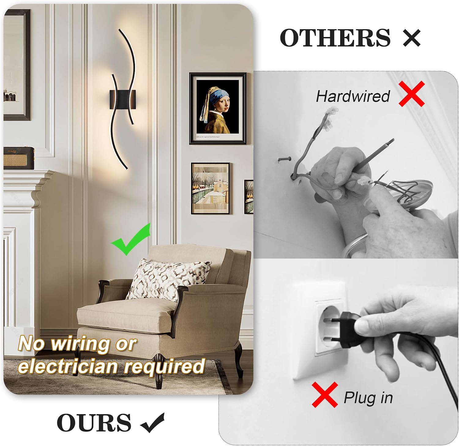 Battery Operated Wall Sconces Set of Two with Remote Control, Battery Wall Light, Stepless Colors 3000K-6000K & Dimming, Black Rechargeable Wall Sconces for Living Room, Hallway, Bedroom, 27.5 Inch