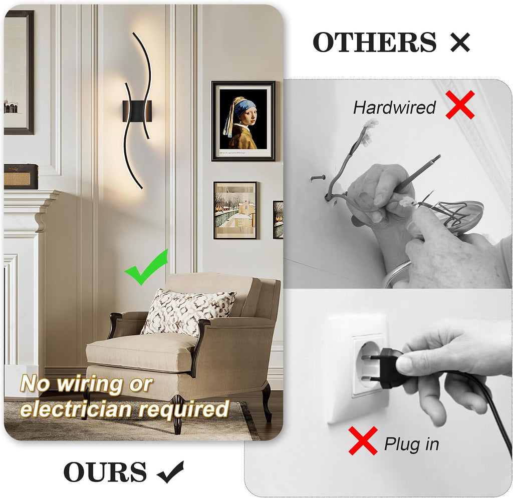 Battery Operated Wall Sconces Set of Two with Remote Control, Battery Wall Light, Stepless Colors 3000K-6000K & Dimming, Black Rechargeable Wall Sconces for Living Room, Hallway, Bedroom, 31.5 Inch