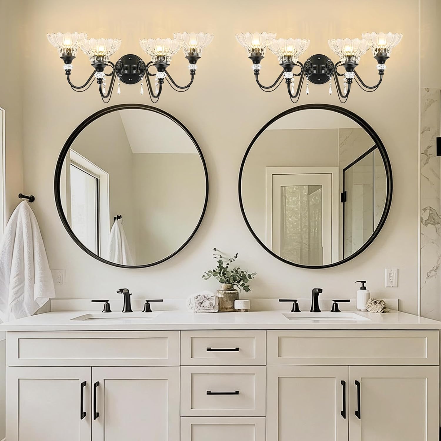 Black Bathroom Vanity Light, 4-Light Matte Black Finish Farmhouse Wall Sconce with Hanging Crystal Accents and Flower-Shaped Clear Glass Shades, Retro Wall Mount Vanity Light Over Mirror for Bathroom