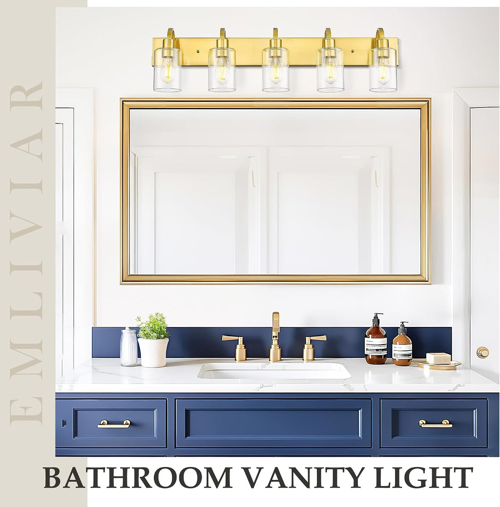 Emliviar 5-Light Vintage Vanity Lighting for Bathroom, 37-Inch Wall Mount Light Fixture with Clear Glass Shade, Brushed Gold Finish, YCE237B-5W BG