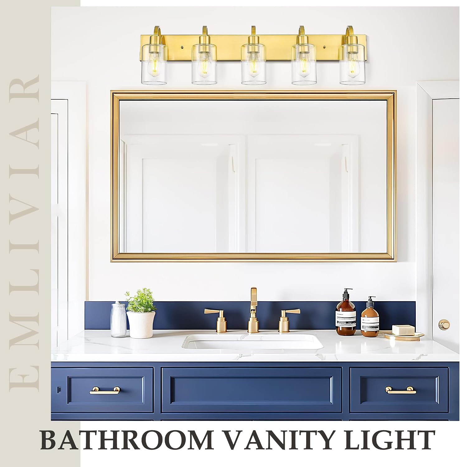 Emliviar 5-Light Vintage Vanity Lighting for Bathroom, 37-Inch Wall Mount Light Fixture with Clear Glass Shade, Brushed Gold Finish, YCE237B-5W BG