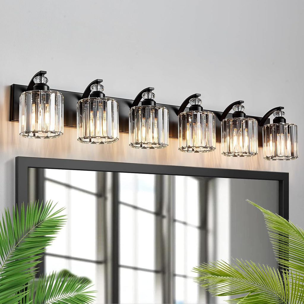 6-Light Black Bathroom Light Fixture Modern Vanity Lights Over Mirror Vintage Wall Sconce Lighting for Bathroom, Bedroom, Living Room, Hallway E26 Base with Crystal Bathroom Vanity Light