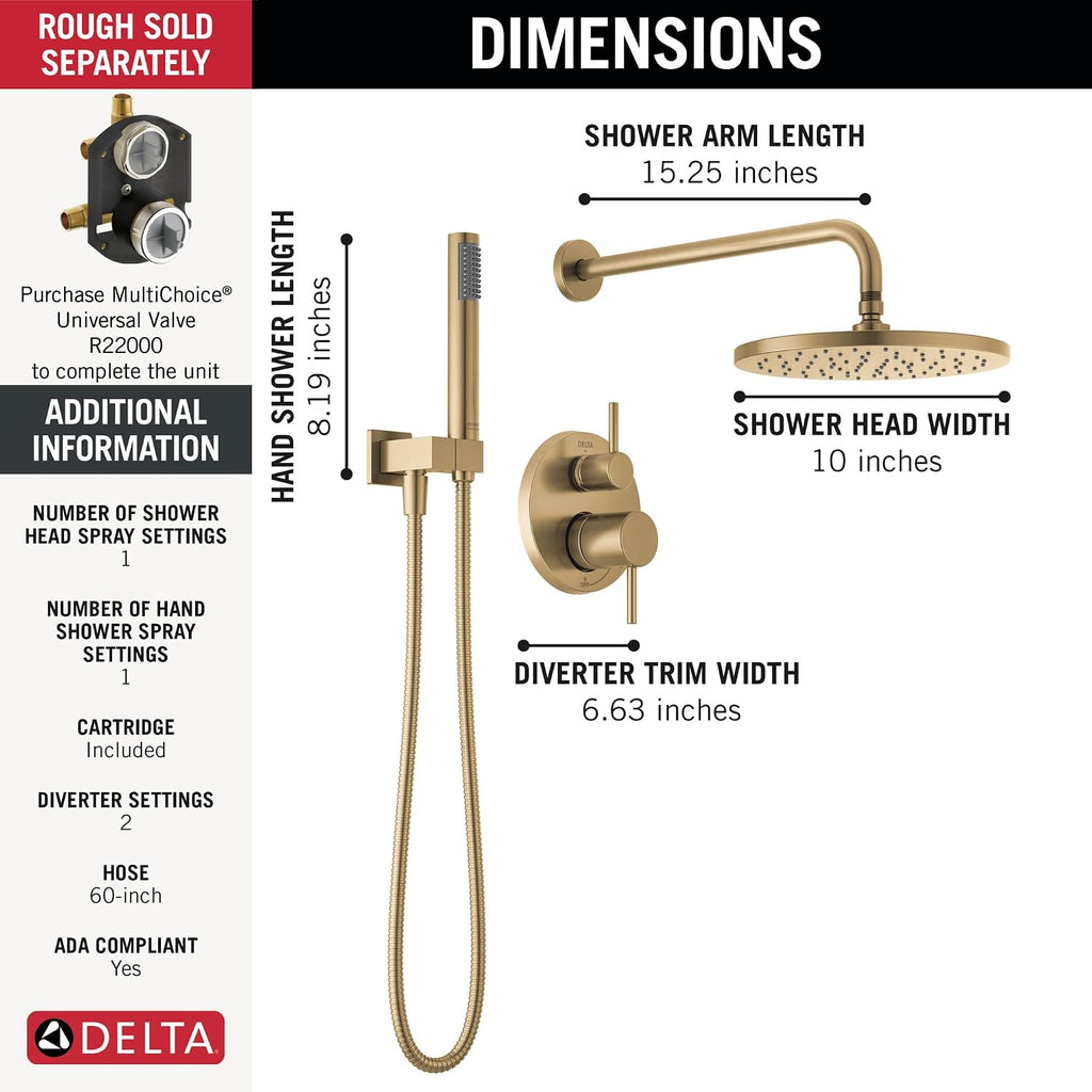 Delta Modern 14 Series Round Rain Shower System Faucet Set, Rainfall Brushed Gold Shower Head and Handle Set, Valve Trim Kit, 10 Inch, Champagne Bronze T342702-CZ (Valve Not Included)