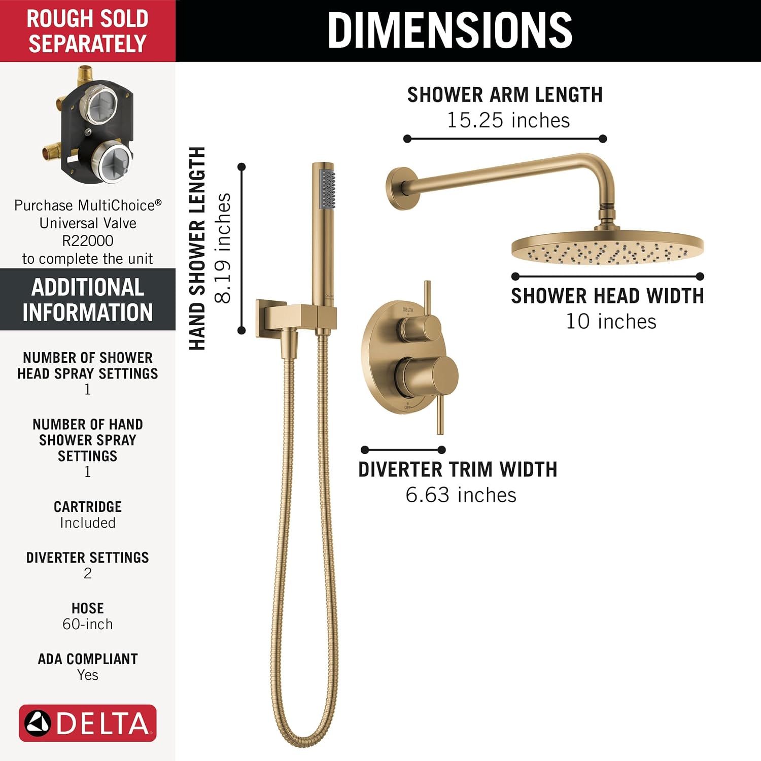 Delta Modern 14 Series Round Rain Shower System Faucet Set, Rainfall Brushed Gold Shower Head and Handle Set, Valve Trim Kit, 10 Inch, Champagne Bronze T342702-CZ (Valve Not Included)