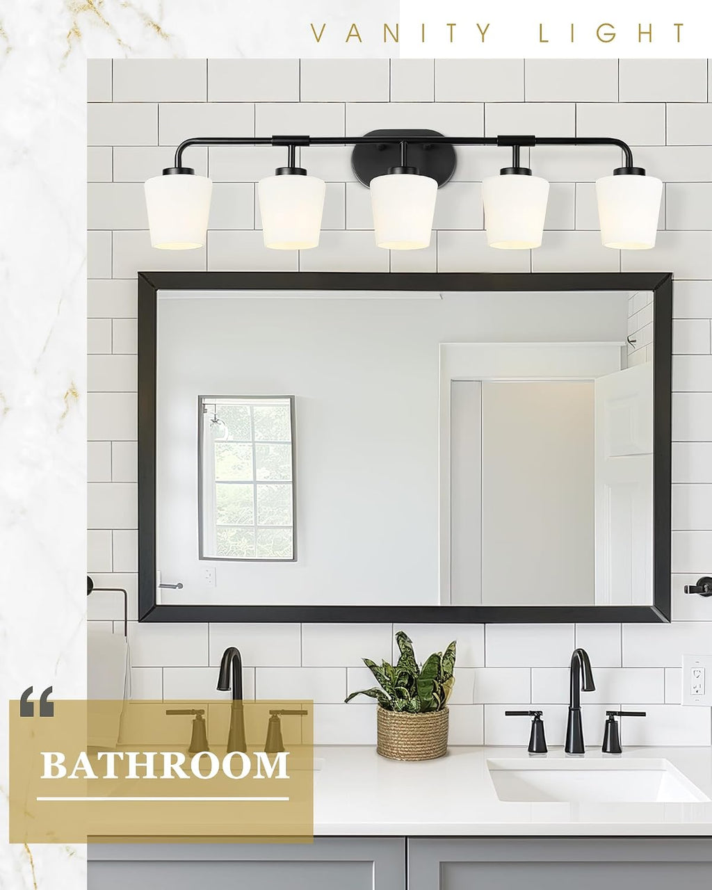 5-Light Matte Black Bathroom Light Fixtures, 38inch Vanity Light | Over Mirror, Milk White Glass, Farmhouse Wall Sconces Lighting, AD-22004-5W-BK