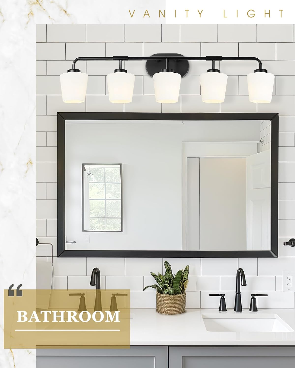 5-Light Matte Black Bathroom Light Fixtures, 38inch Vanity Light | Over Mirror, Milk White Glass, Farmhouse Wall Sconces Lighting, AD-22004-5W-BK