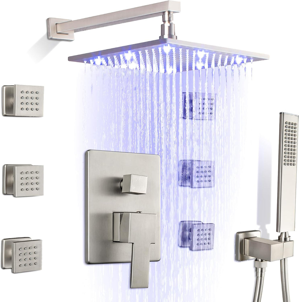 SKOWLL Shower System with 6 Body Jets, Wall Mounted 12 Inch LED Shower Head with Handheld, 3 Color Changing Shower Head High Pressure Shower Faucets Sets Complete, Brushed Nickel