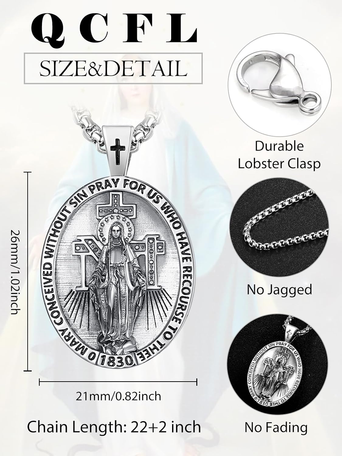 Patron Saint Medals 925 Sterling Silver Amulet Necklace Protection Jewelry for Men with 2.5mm 22'+2' Round Box Chain