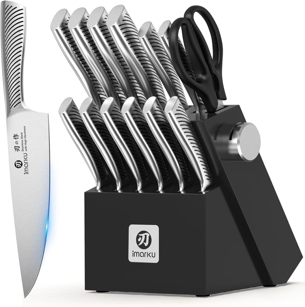 imarku 14-Piece Knife Block Set, Knife Set with Block and Build-in Sharpener, Japanese Stainless Steel Knife Set for Lasting Sharpness, Dishwasher Safe, Black