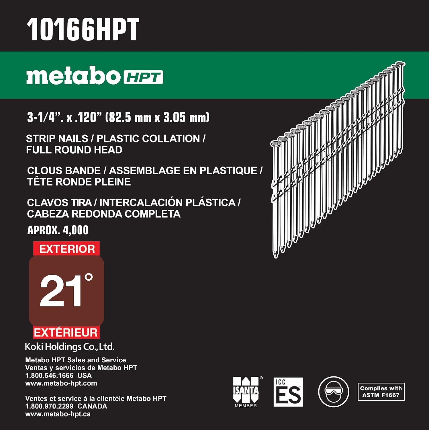 Metabo HPT Framing Nails | 3-1/4 In. x .120 | 21 Degree | Full Round Head | Hot Dipped Galvanized | Screw Shank | 4,000 Count | 10166HPT
