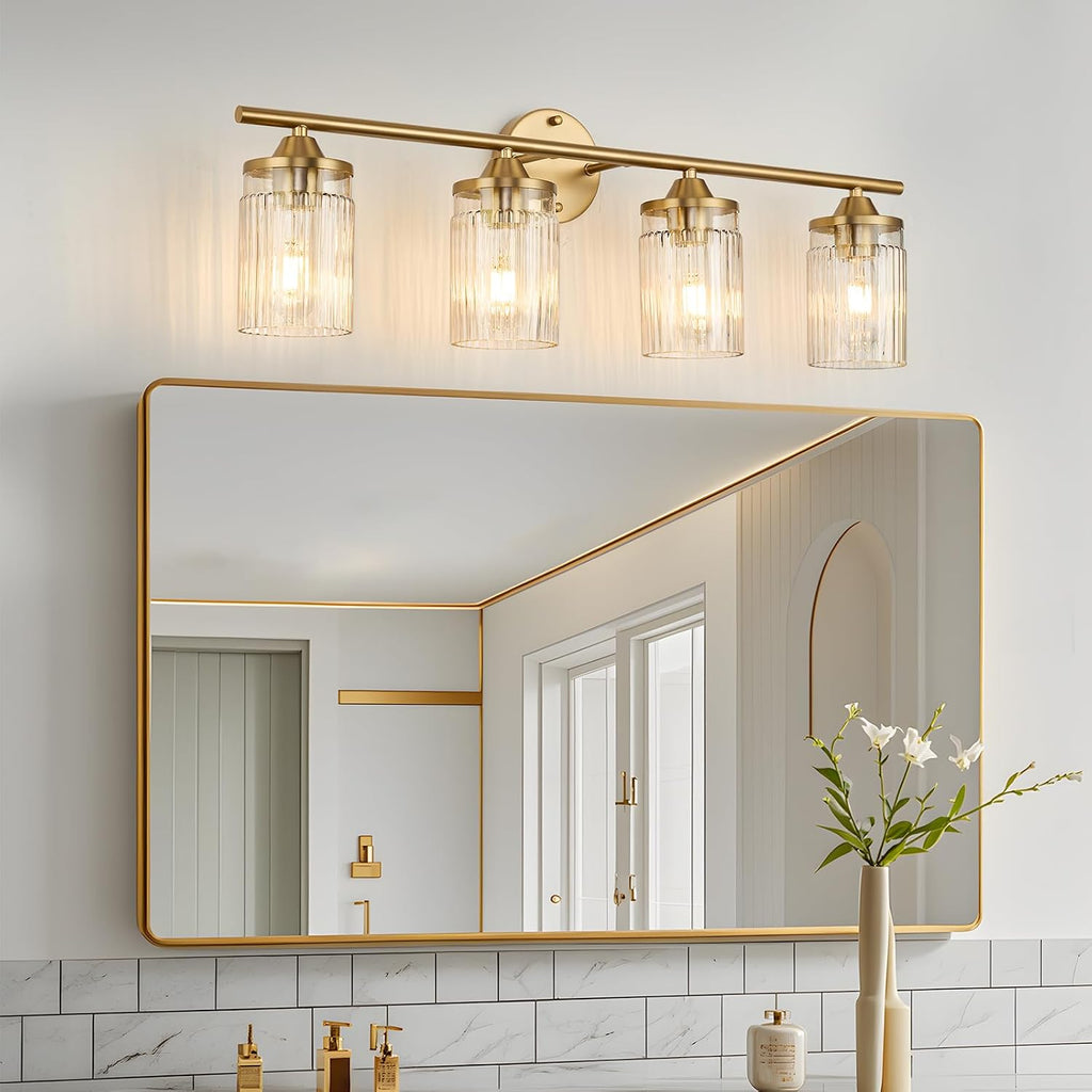 Jonsi Gold Bathroom Light Fixtures 4-Light Vanity Lights Modern Wall Sconce with Clear Glass Shade Brushed Brass Bathroom Light Fixture Over Mirror for Bedroom Hallway Kitchen