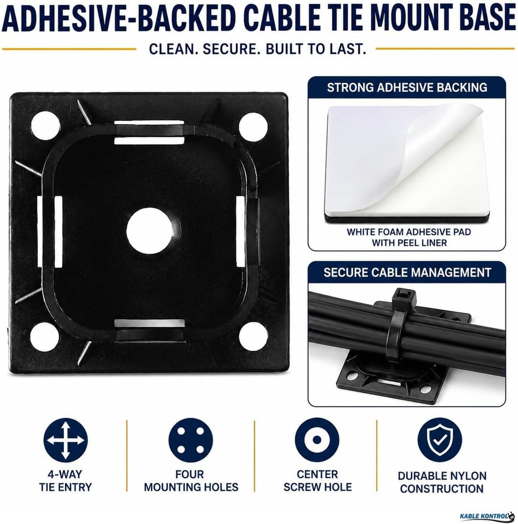 Kable Kontrol Zip Tie Mounts, 1-1/2' Sq, Black, 2500 Pcs Bulk Pack, Adhesive Backed Multi-Purpose UV-Resistant Mounting Squares Nylon Cable Tie Wrap Anchor Pads for Cable Management