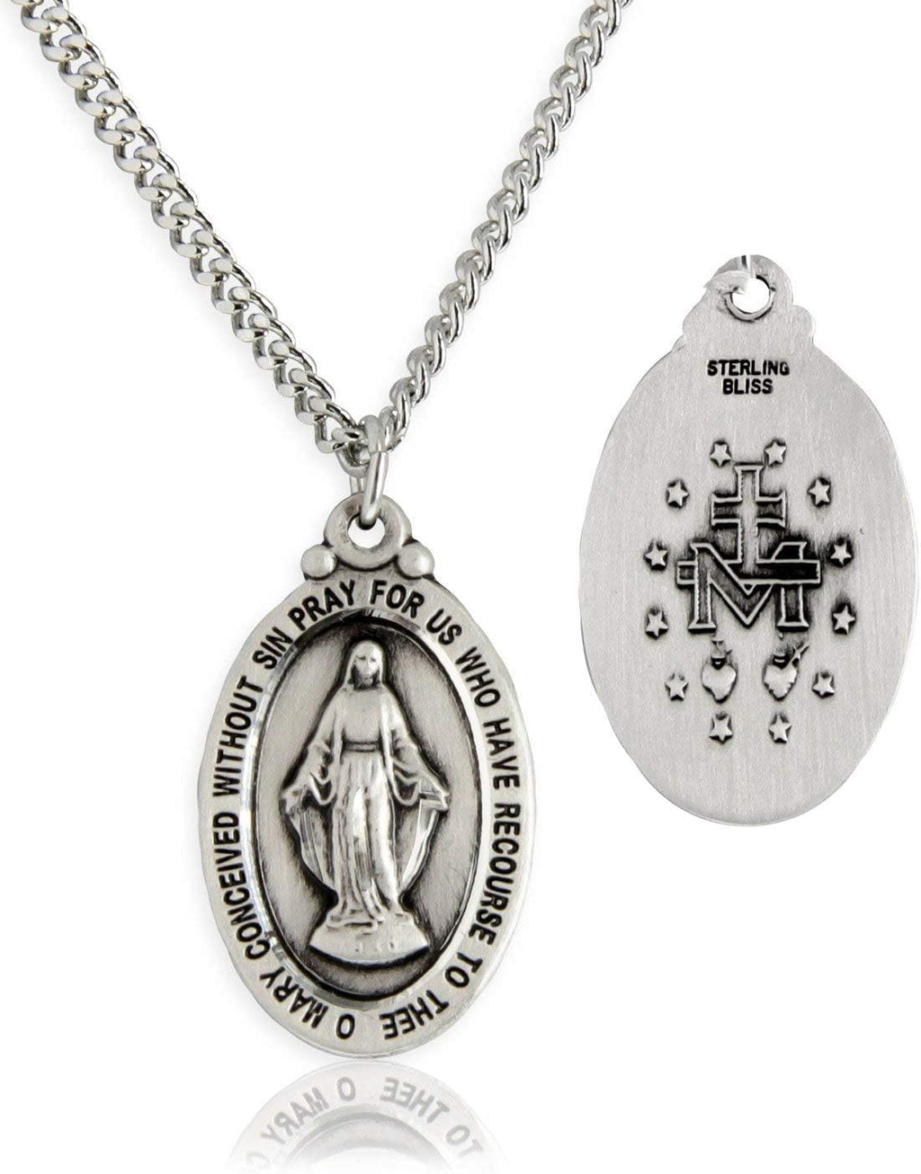 Heartland Store Oval Sterling Silver Miraculous Medal Necklace for Men - Tarnish Resistant, Handcrafted in the USA - Meaningful Religious Pendant- Ideal Present- 24-Inch Endless Rhodium Chain
