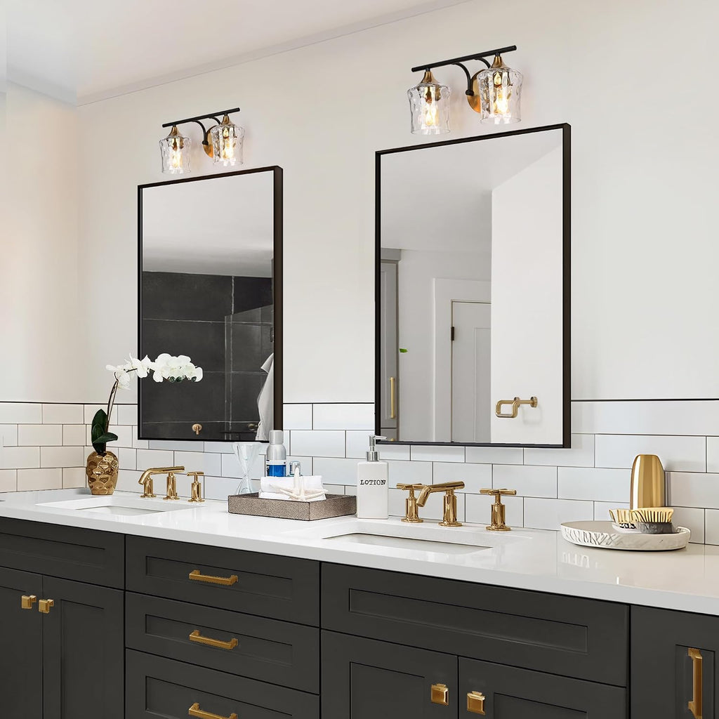 KSANA Bathroom Vanity Lights, 2-Light Black and Electroplated Brass Vanity Light Over Mirror Mid-Century Modern Bathroom Light Fixtures with Textured Glass, 14' L x 6.7' W x 7.3' H