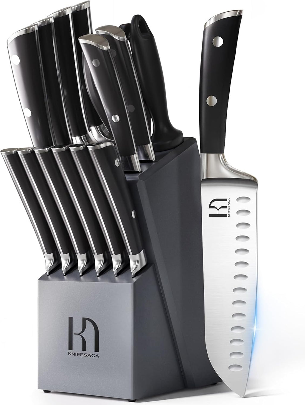 KnifeSaga Premium Knife Set 15 Pcs Quality Kitchen Knife Set with Block, Japanese High Carbon Stainless Steel Razor Sharp Knife Block Set, Acacia Wood Block Knife Set with Ergonomic Full-tang Handle