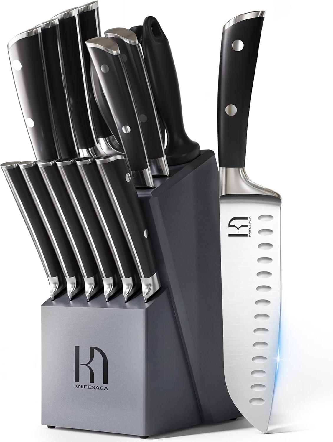 KnifeSaga Premium Knife Set 15 Pcs Quality Kitchen Knife Set with Block, Japanese High Carbon Stainless Steel Razor Sharp Knife Block Set, Acacia Wood Block Knife Set with Ergonomic Full-tang Handle