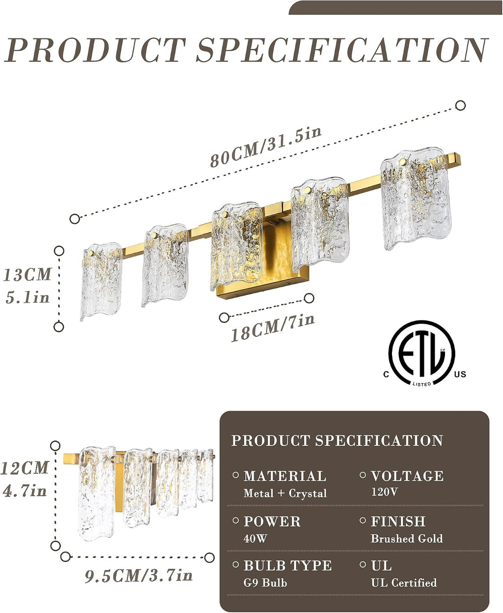 5-Light Bathroom Vanity Lights, 31' Brushed Gold Bathroom Light Fixtures Over Mirror with Clear Glass, Modern Bath Wall Sconce Lighting for Bath Restroom, OS-MM5002-5BG