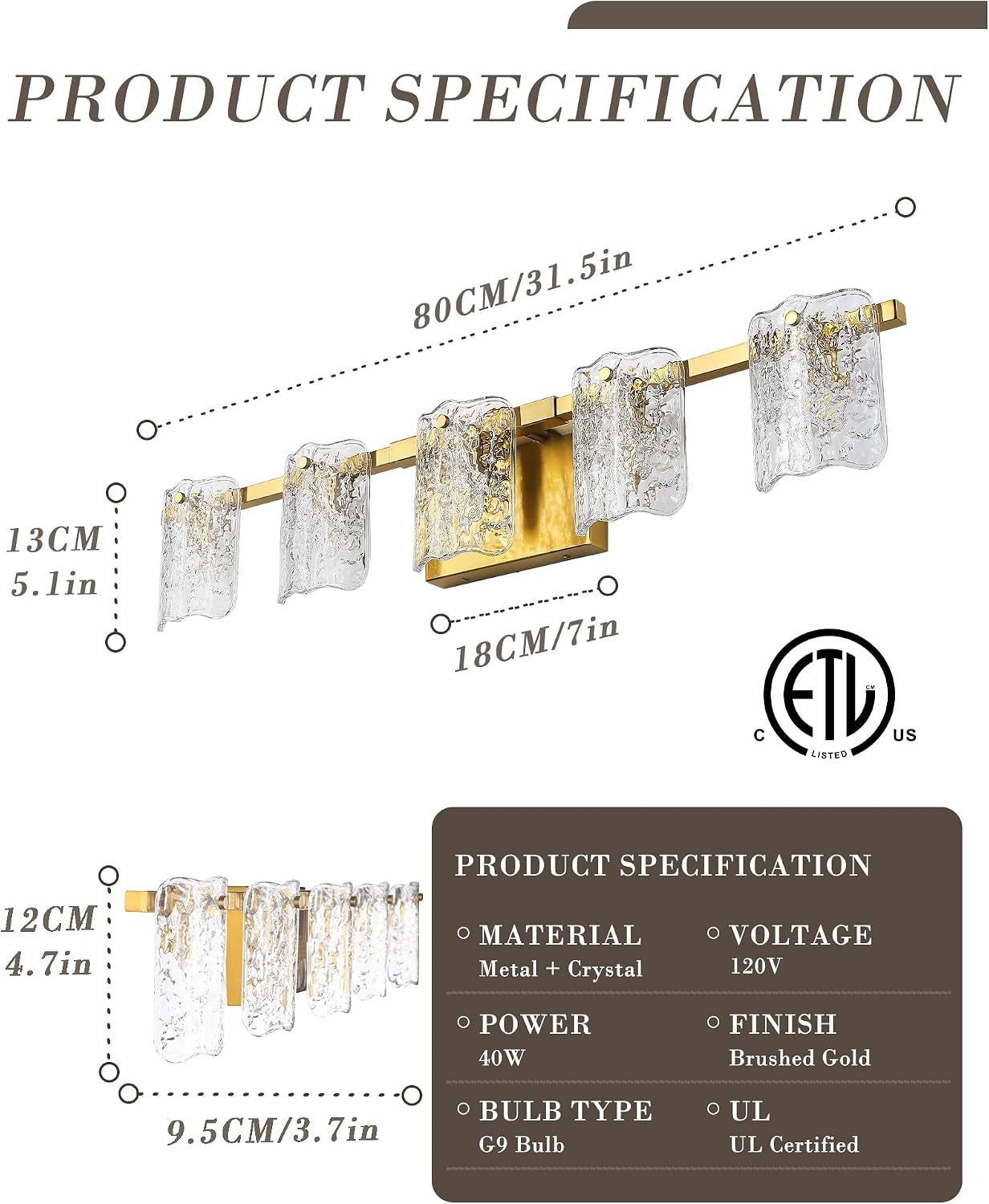 5-Light Bathroom Vanity Lights, 31' Brushed Gold Bathroom Light Fixtures Over Mirror with Clear Glass, Modern Bath Wall Sconce Lighting for Bath Restroom, OS-MM5002-5BG