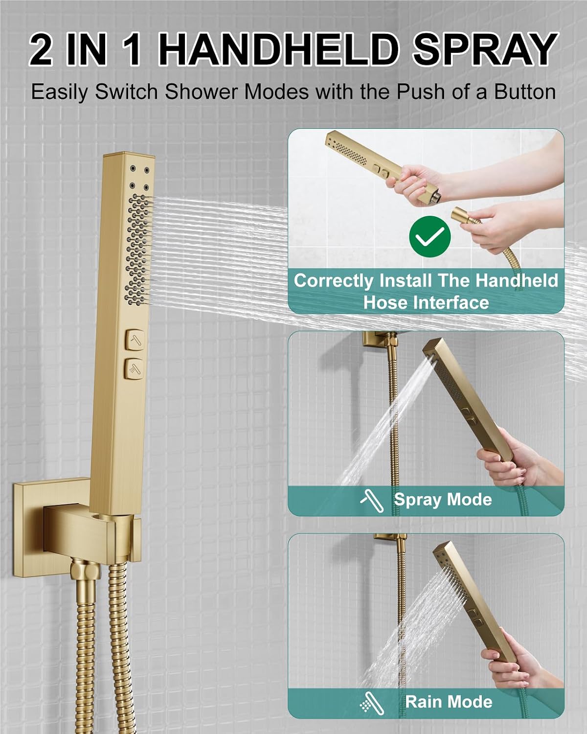Shower Faucet Set Rainfall Shower System with Square Showerhead and Handle Set Fixture with 2 in 1 Function Handheld Sprayer Wall Mounted Trim Repair Kit Rough-in Valve 8 Inch Brushed Gold