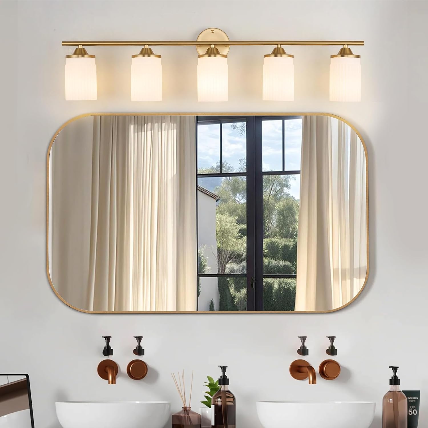 Jonsi Gold Bathroom Light Fixtures 5-Light Vanity Lights Modern Wall Sconce with Milk White Shade Brushed Brass Bathroom Light Fixture Over Mirror for Bedroom Hallway Kitchen
