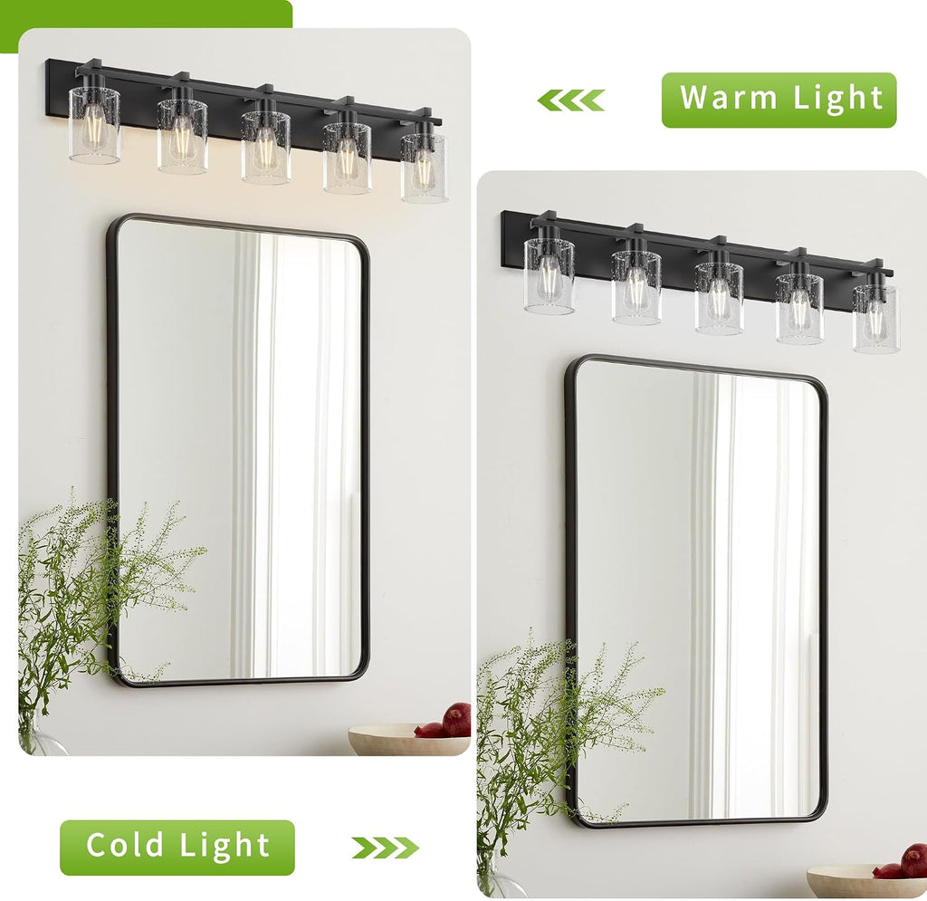 5-Light Bathroom Light Fixtures, Bubble Black Modern Vanity Lights with Clear Glass Shade, Wall Sconce Lighting for Mirror Kitchen Living Room Hallway Cabinet Porch