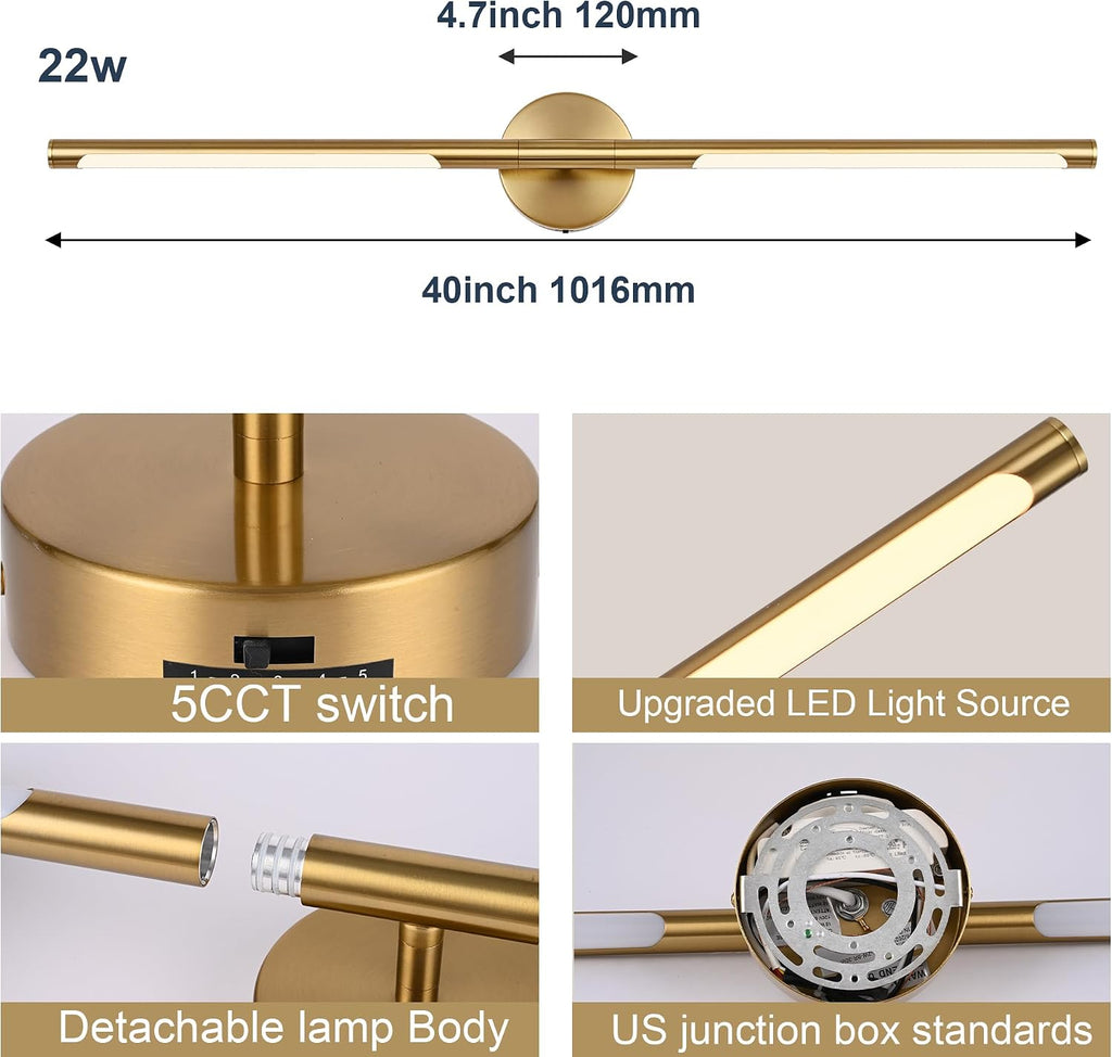 BONLICHT 40 Inch LED Bathroom Light Fixtures Brushed Brass Bathroom Vanity Lights Over Mirror 22W 350°Rotatable Dimmable 5CCT LED Vanity Light Bar Modern Gold Wall Sconce for Living Room Bedroom