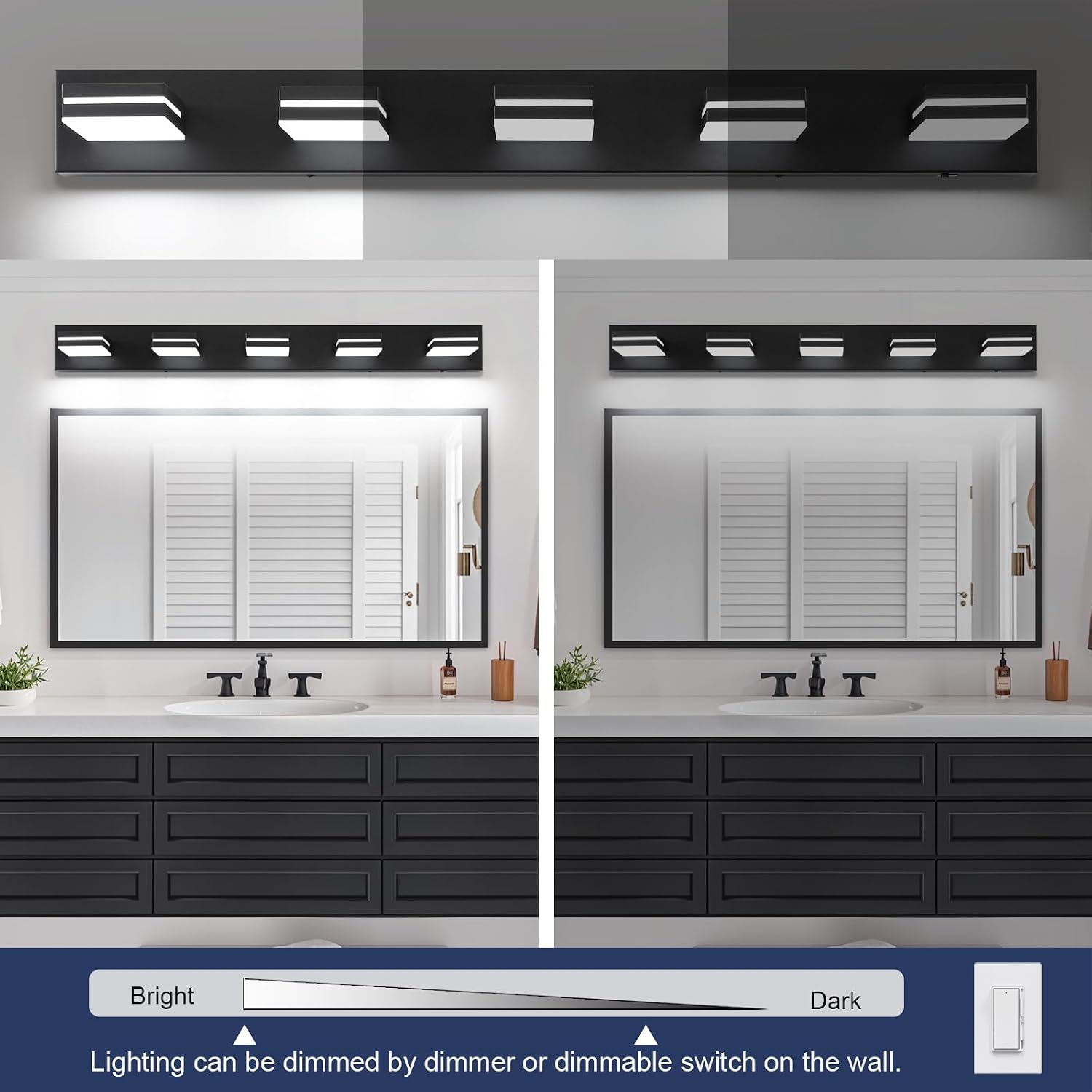 Bathroom Vanity Lighting Fixtures Over Mirror (5-Light, 40-Inch) Dimmable Modern LED Bathroom Wall Lighting Fixtures, Matte Black (3000K/3500K/4000K/5000K/6000K)