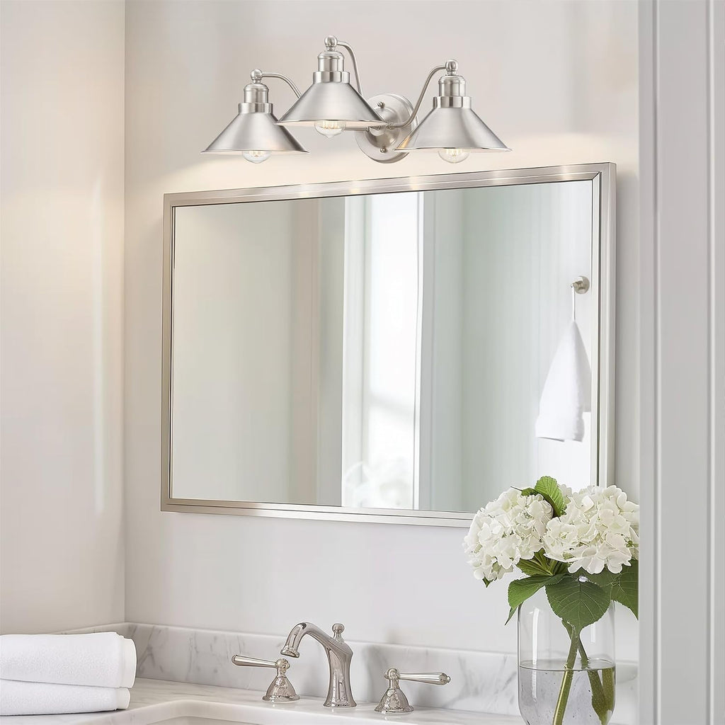 Kira Home Welton 25.5' 3-Light Modern Farmhouse Vanity Light with Funnel Shades, Industrial Silver Wall Sconce Bathroom Light, Brushed Nickel Finish