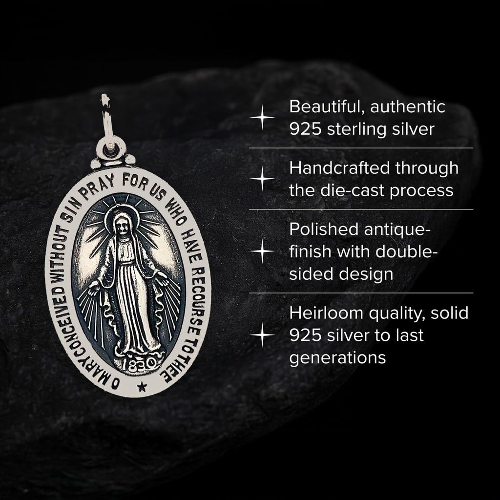RP 925 Sterling Silver Miraculous Medal Necklace for Women & Men, Authentic & Pure Silver Pendant with 18 inch 925 Sterling Sliver Curb Chain & Premium Jewelry Box, Stunning Miraculous Medal Virgin Mary Pendant Necklace