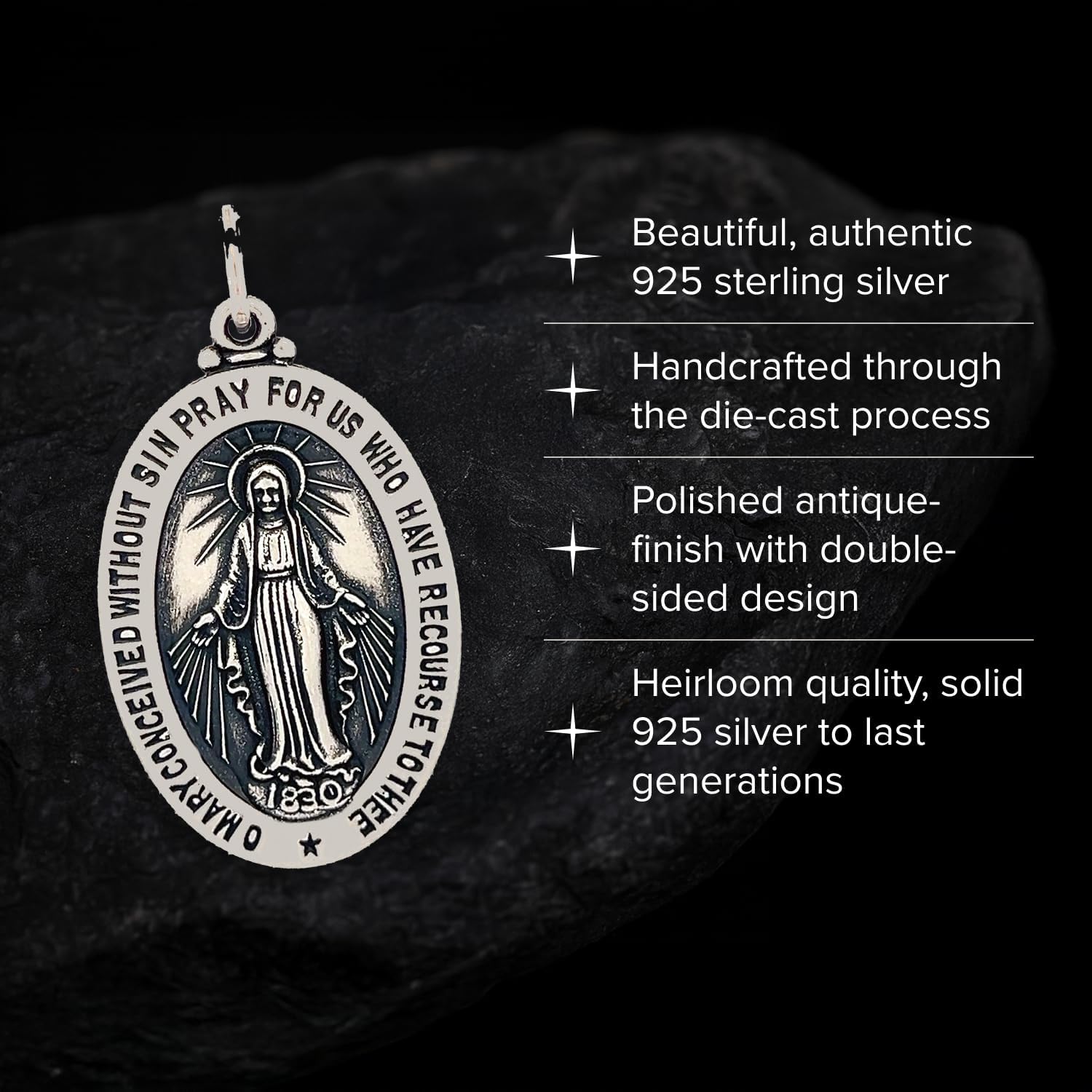 RP 925 Sterling Silver Miraculous Medal Necklace for Women & Men, Authentic & Pure Silver Pendant with 18 inch 925 Sterling Sliver Curb Chain & Premium Jewelry Box, Stunning Miraculous Medal Virgin Mary Pendant Necklace