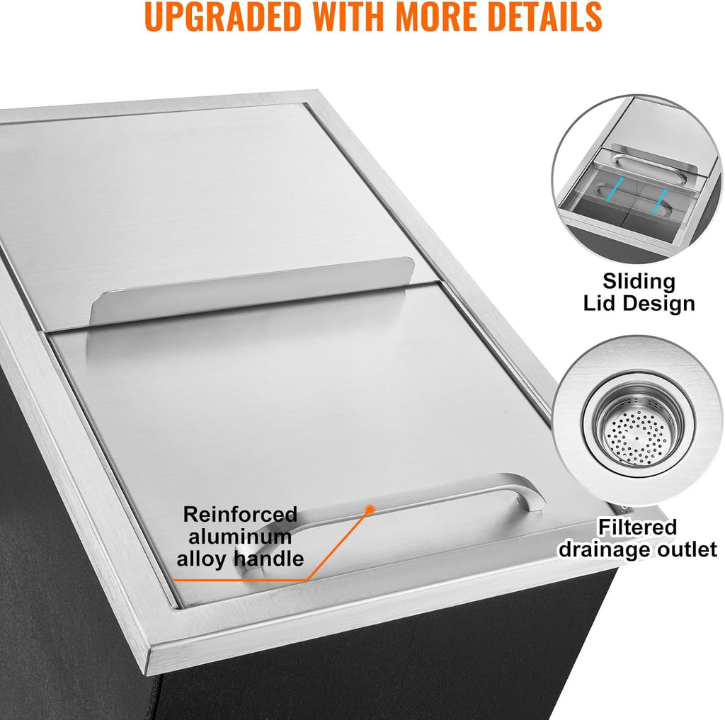 Happybuy Drop in Ice Chest 18L x 12W x 14.5H Inch Stainless Steel Ice Cooler with Sliding Cover Drop in Ice Bin Included Drain-Pipe and Drain Plug for Cold Wine Beer