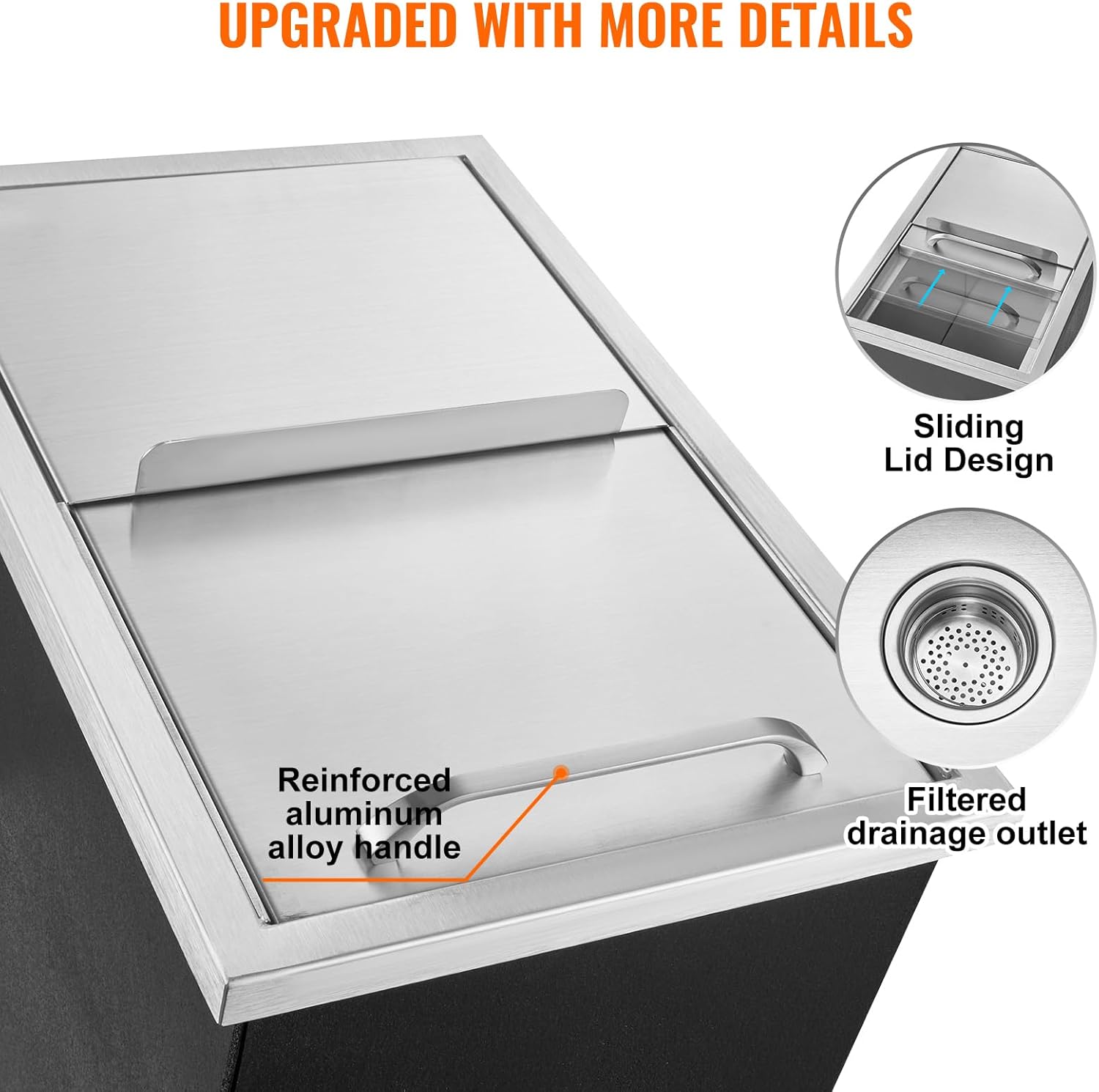 Happybuy Drop in Ice Chest 18L x 12W x 14.5H Inch Stainless Steel Ice Cooler with Sliding Cover Drop in Ice Bin Included Drain-Pipe and Drain Plug for Cold Wine Beer
