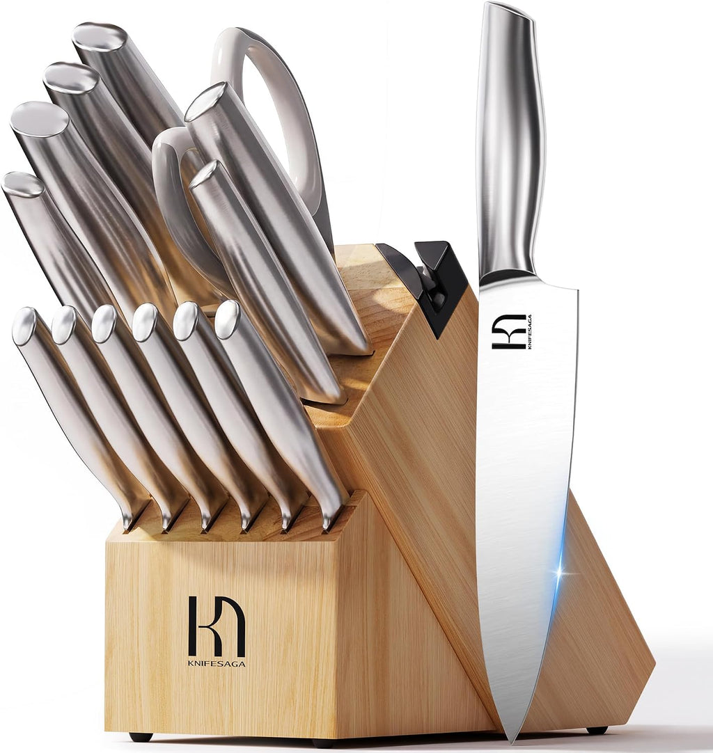KnifeSaga Knife Set, Premium Knife Block Set for Kitchen 14 Pcs UltraSharp Japanese High Carbon Stainless Steel with Block and Built-in Sharpener, Kitchen Knives Set with Non-serrated Steak Knives
