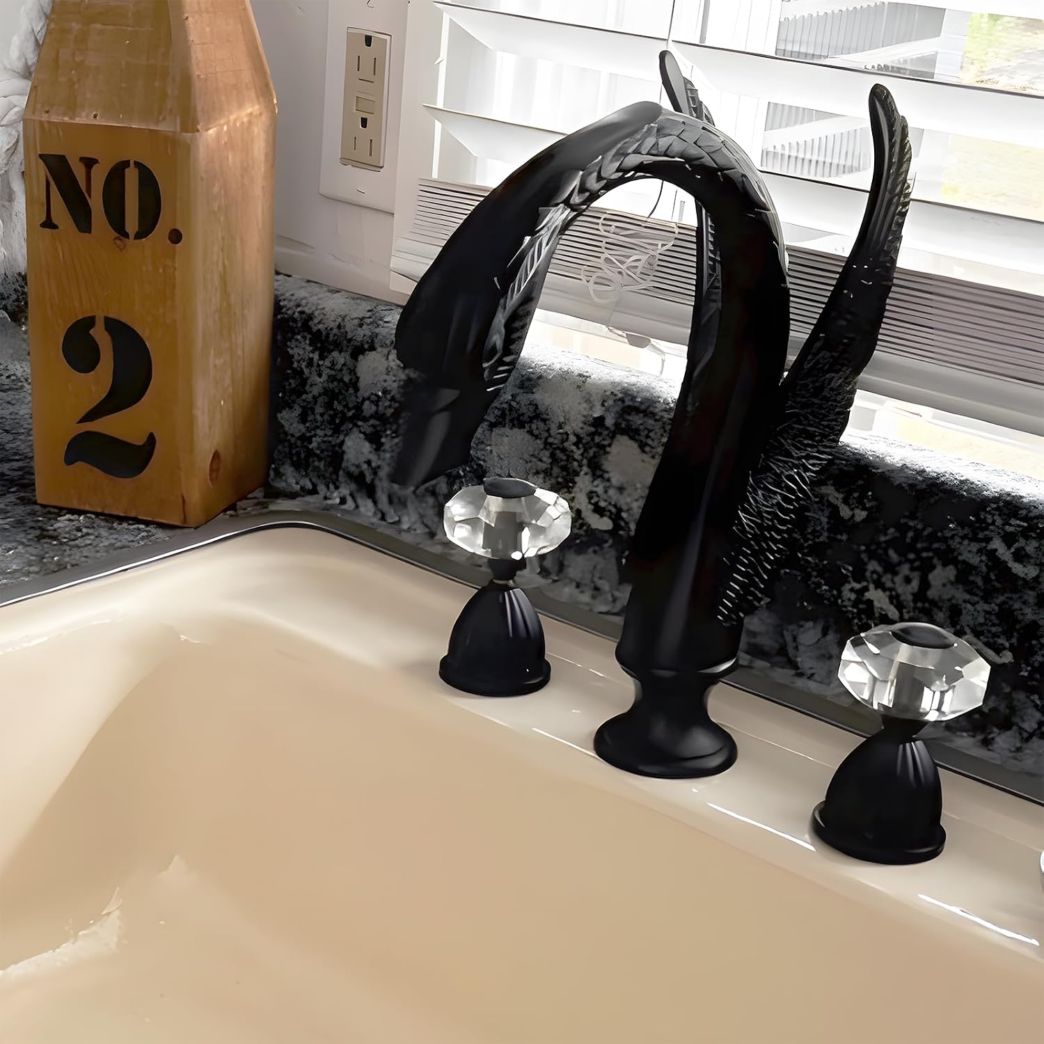 Golden Black Ornate Swan Style Bathroom Sink Faucet Combo Deck Mount Sink Mixer Tap Set Hot Cold Water