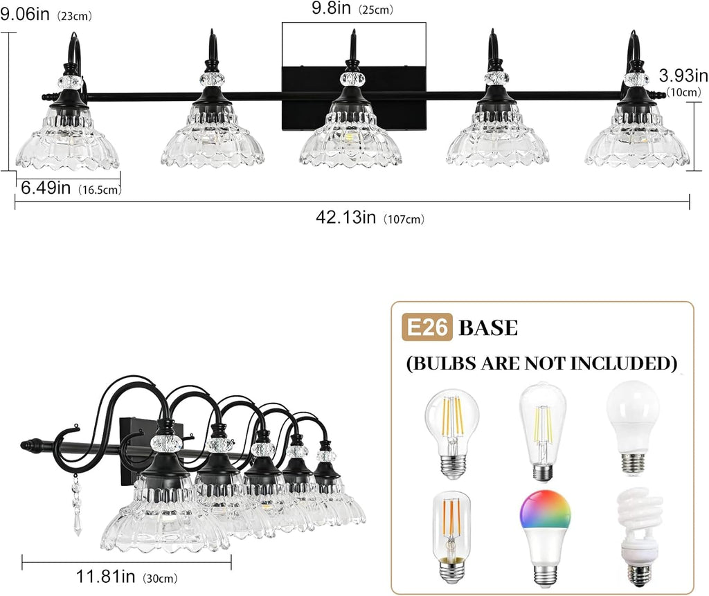 Black Bathroom Vanity Light, 5-Light Matte Black Finish Farmhouse Wall Sconce with Hanging Crystal Accent and Flower-Shaped Clear Glass Shade, Wall Mount Vanity Light Over Mirror for Bathroom