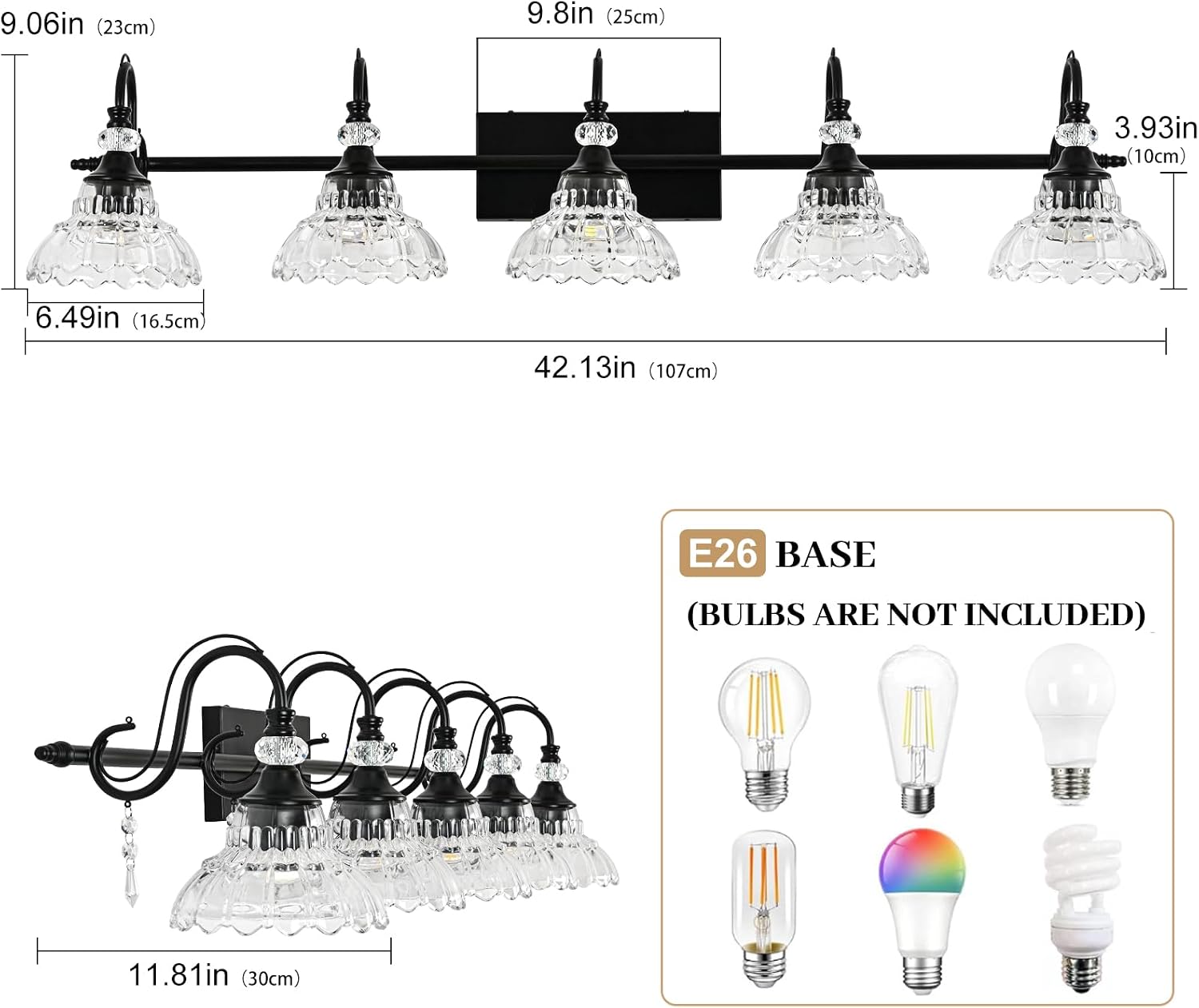 Black Bathroom Vanity Light, 5-Light Matte Black Finish Farmhouse Wall Sconce with Hanging Crystal Accent and Flower-Shaped Clear Glass Shade, Wall Mount Vanity Light Over Mirror for Bathroom