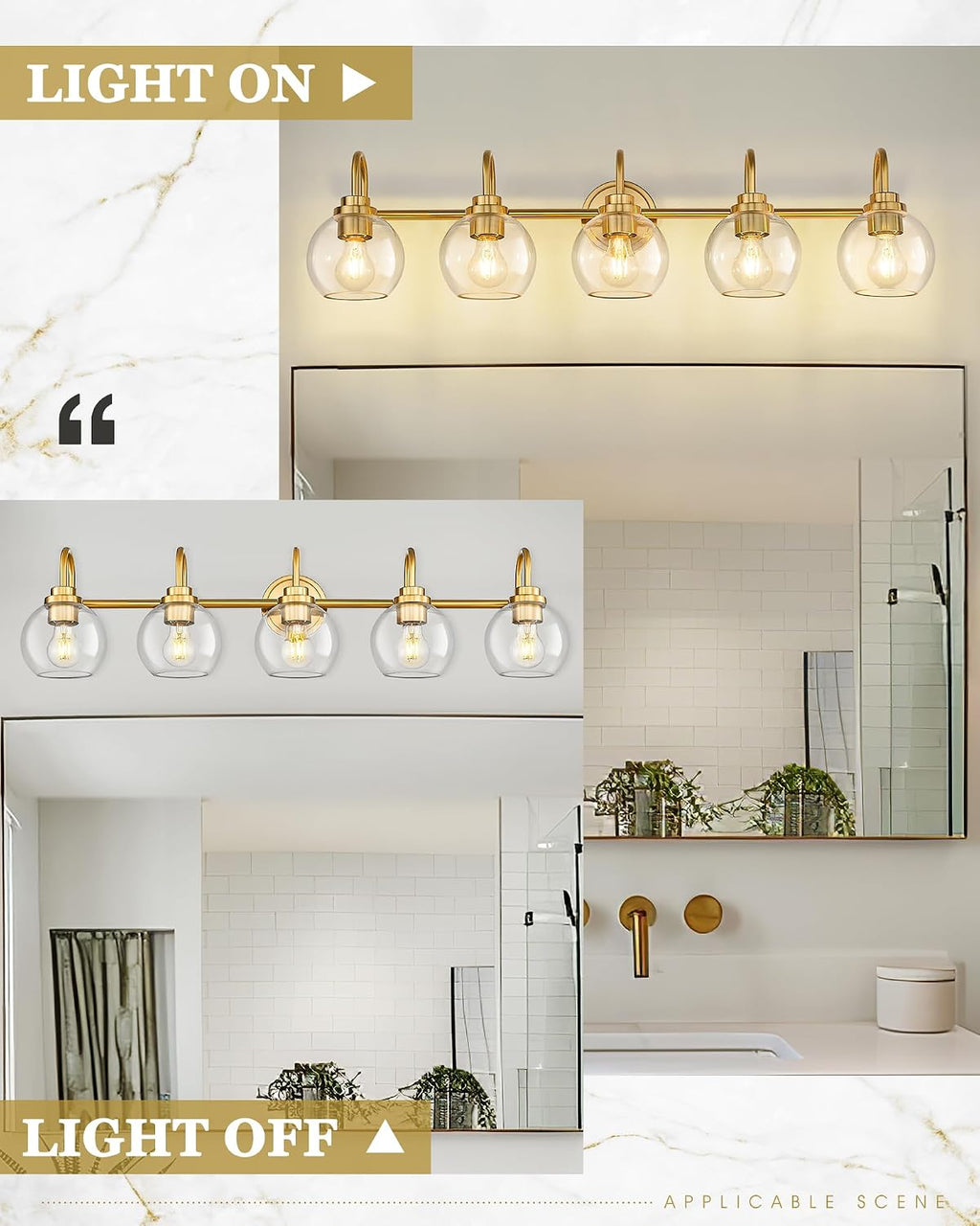 Bathroom Light Fixtures, 5-Light Brushed Gold Vanity Lights with Globe Clear Glass, 35 Inch Champagne Bronze Vanity Lighting Fixtures Over Mirror, AD-22280-5W-GD