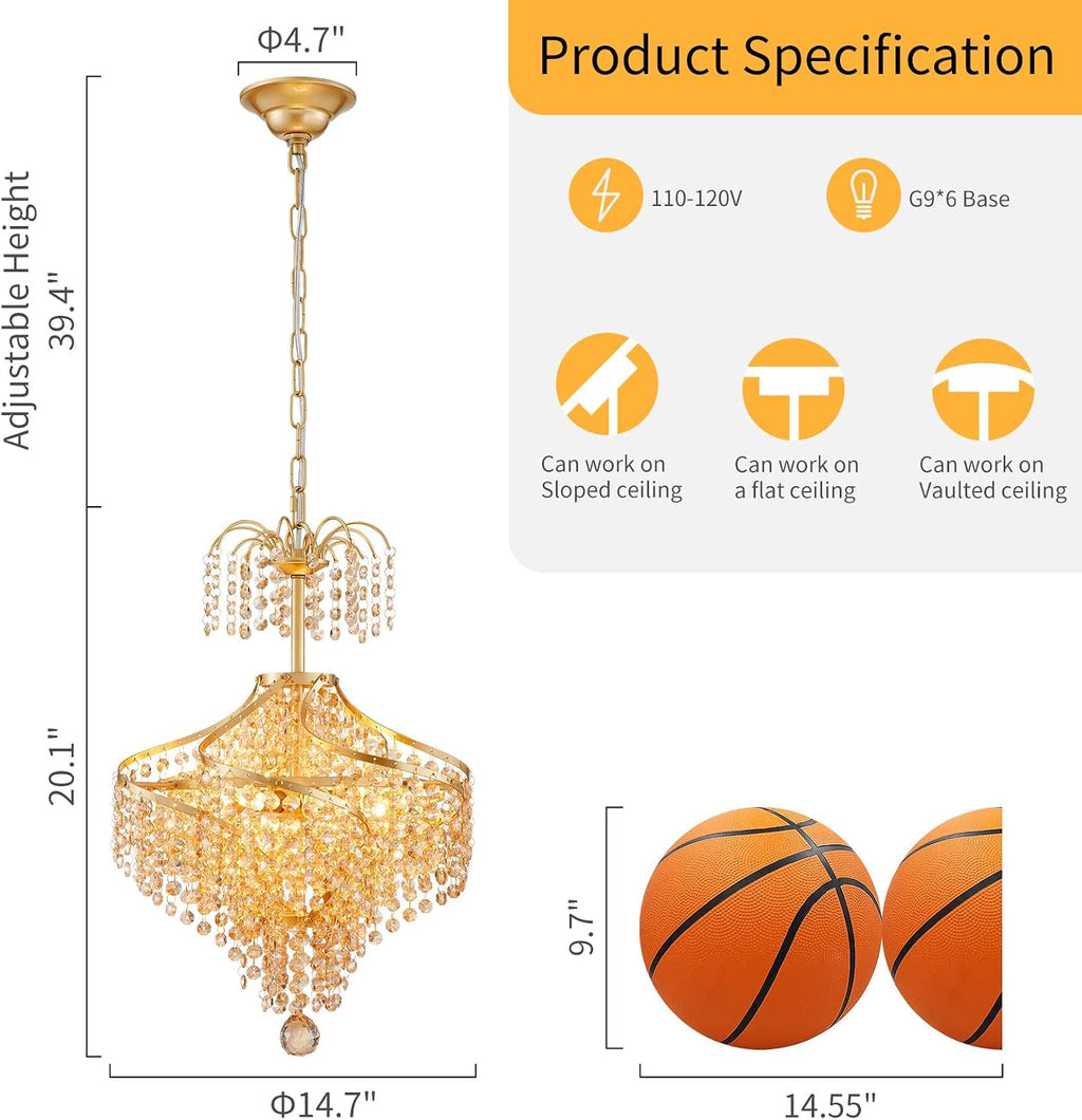WUZUPS Golden-Hued Crystal Chandelier Pendant Flushmount Ceiling Light Modern Lighting Fixture for Bedroom Hallway Bar Kitchen Bathroom, H 20.1' x W 14.7', Gold, G9 Base