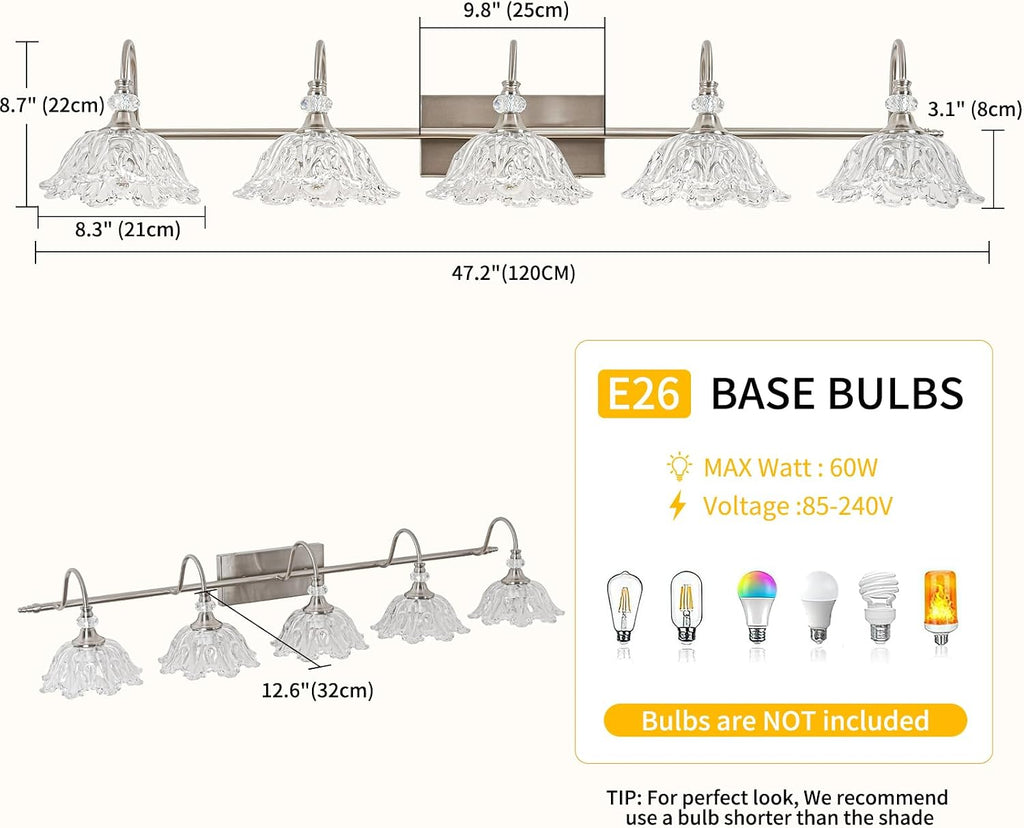 Brushed Nickel 5-Light Bathroom Vanity Light with Floral Clear Glass Shades, Brushed Nickel Wall Mount Lighting for Bathroom, Dressing Table