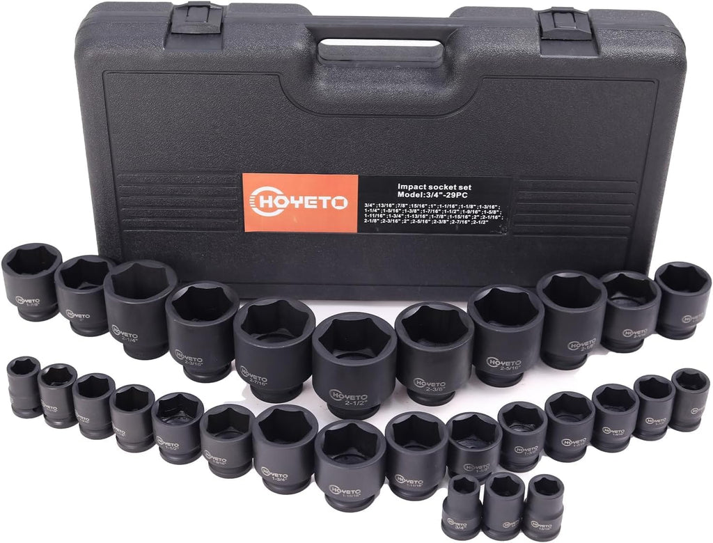 29-Piece 3/4' Drive Impact Socket Set, SAE 3/4' to 1/2', 6-Point Design, Cr-Mo, Rugged Construction, with Heavy-Duty Storage Case – Ideal for Auto Repair & Household Use
