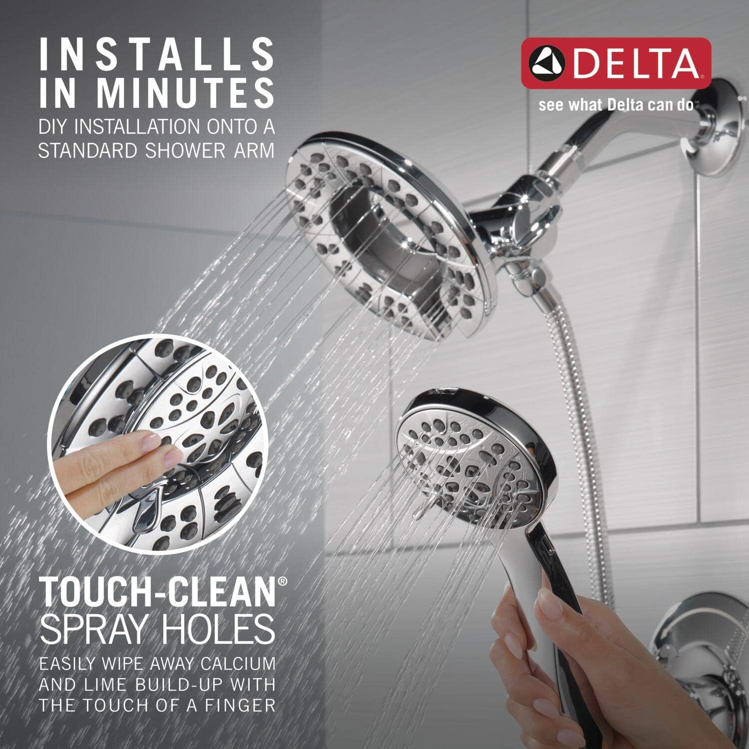 Delta Arvo 14 Series Chrome Shower Faucet Set with In2ition 2-in-1 Dual Shower Head with HandHeld Spray Combo, Valve Trim Kit, Chrome 142840-I (Valve Included)