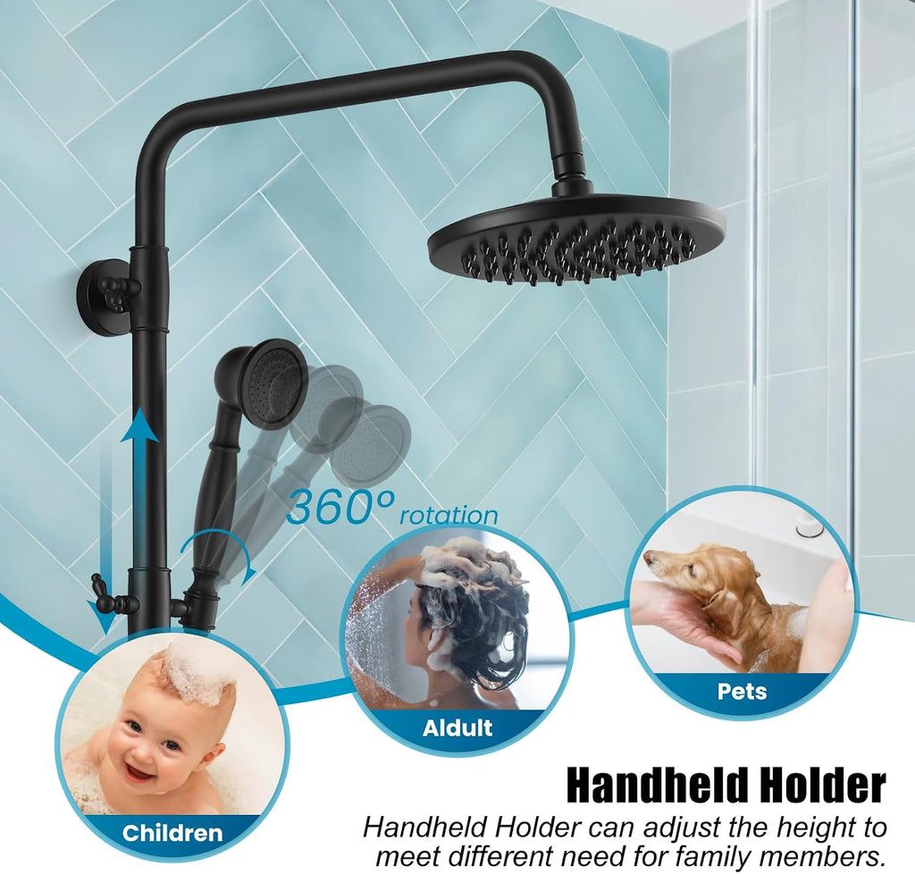 Matte Black Exposed Shower Faucet Fixture Set 8 Rain Shower Single Handle Triple Function Tub Spout Shower Fixture Combo System Unit Set